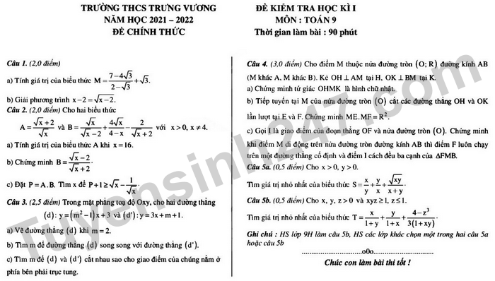 Đề thi học kì 1 lớp 9 môn Toán 2021 - THCS Trưng Vương