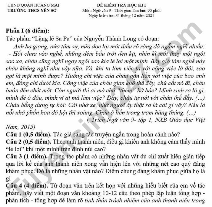 Đề thi kì 1 lớp 9 năm 2021 THCS Yên Sở môn Văn