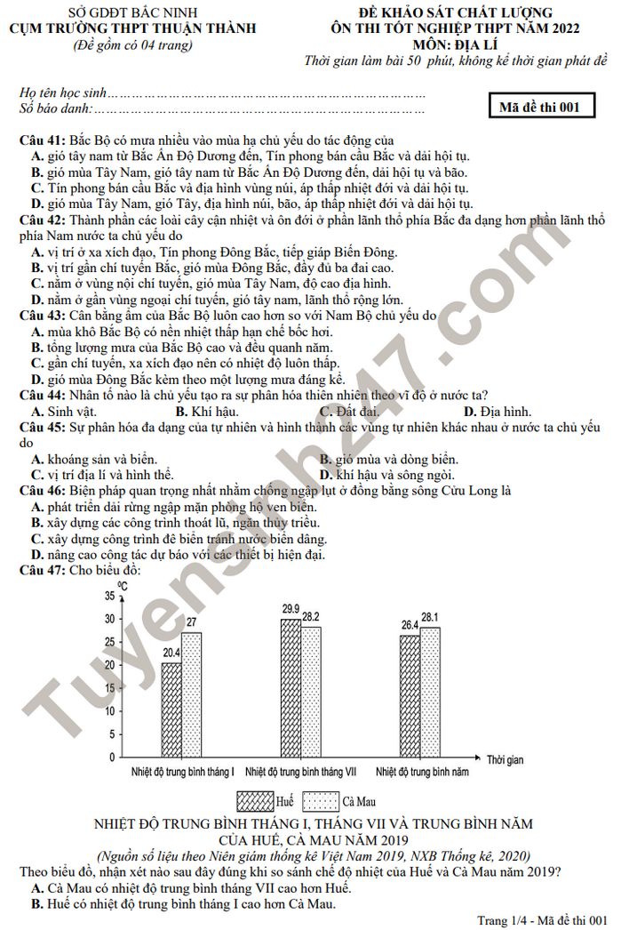 Đề KS ôn thi tốt nghiệp THPT 2022 môn Địa - Cụm THPT Thuận Thành