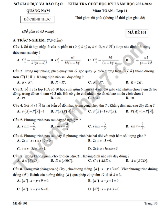 Đề kiểm tra cuối học kì 1 tỉnh Quảng Nam môn Toán lớp 11 (Có đáp án)