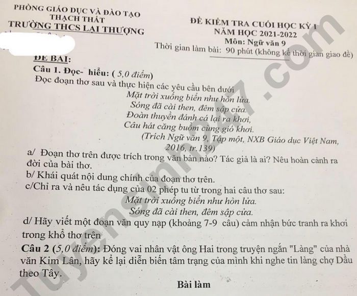 Đề thi học kì 1 THCS Lại Thượng 2021 lớp 9 môn Văn