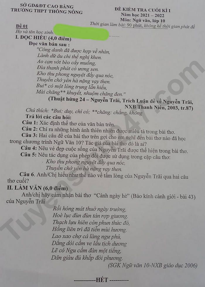 Đề thi học kì 1 THPT Thông Nông 2021 lớp 10 môn Văn