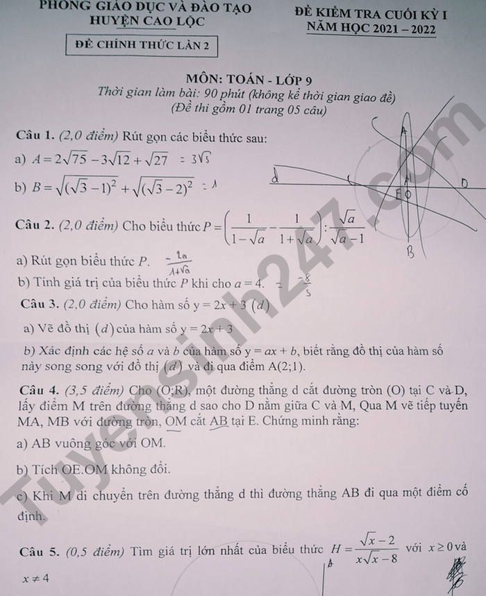 Đề thi cuối kì 1 Huyện Cao Lộc 2021 lớp 9 - môn Toán