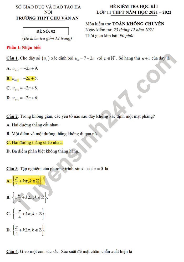Đề thi cuối kì 1 lớp 11 môn Toán không chuyên - THPT Chu Văn An 2021