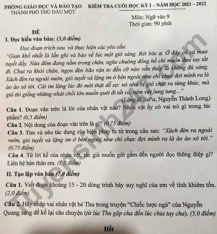 Đề thi học kì 1 lớp 9 năm 2021 môn Văn - TP Thủ Dầu Một