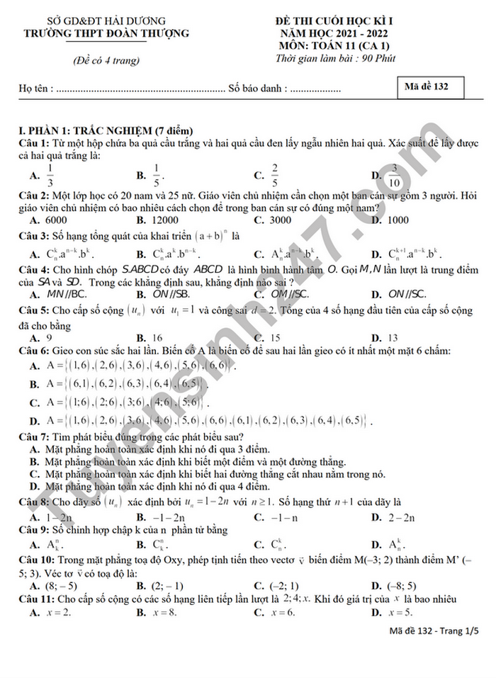 Đề thi kì 1 2021 THPT Đoàn Thượng môn Toán lớp 11