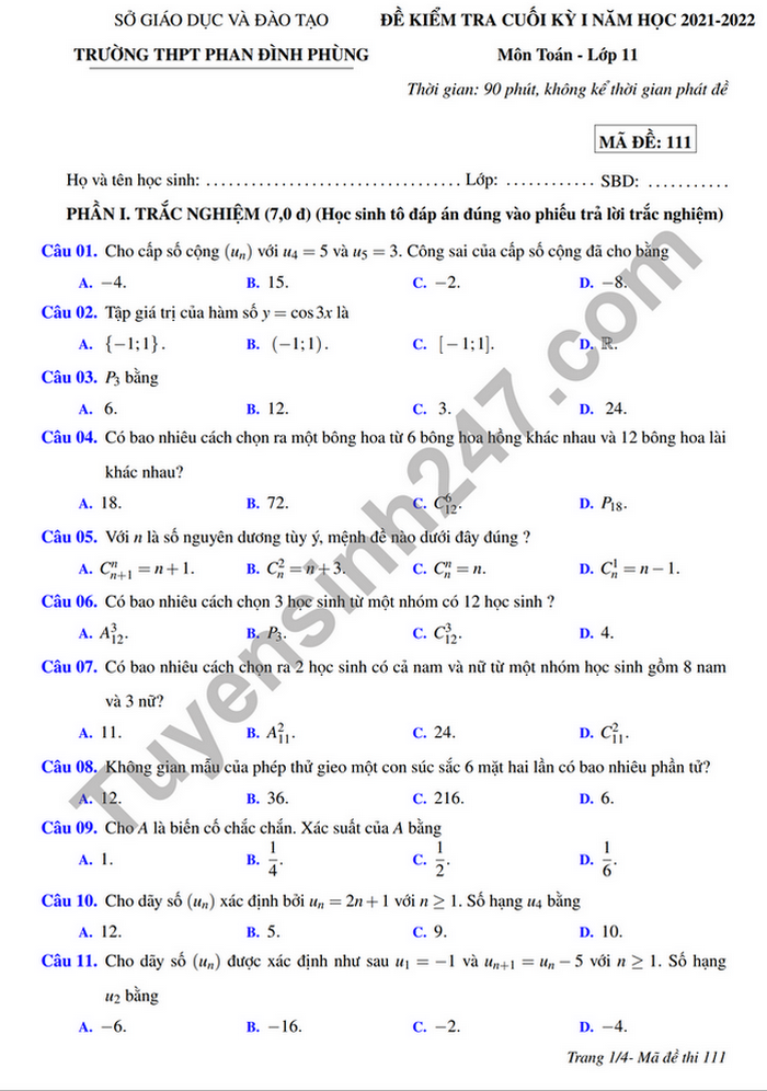 Đề kiểm tra học kì 1 THPT Phan Đình Phùng 2021 lớp 11 môn Toán