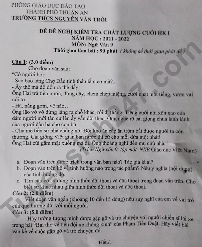 Đề thi kì 1 THCS Nguyễn Văn Trỗi lớp 9 2021 - môn Văn
