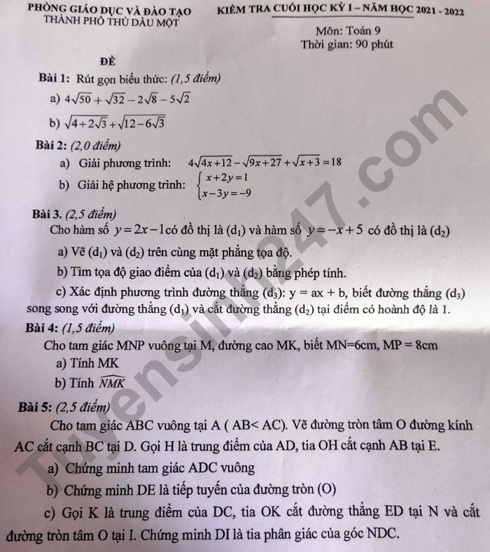 Đề thi học kì 1 môn Toán 9 - TP Thủ Dầu Một 2021