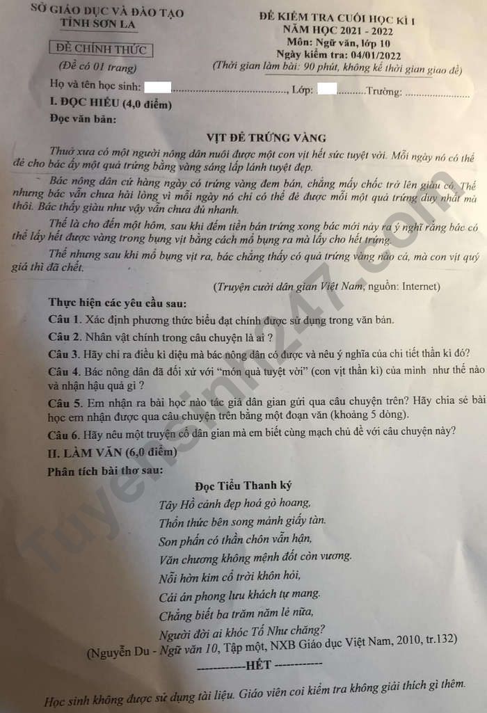 Đề thi cuối kì 1 Văn 10 tỉnh Sơn La năm 2021 - 2022