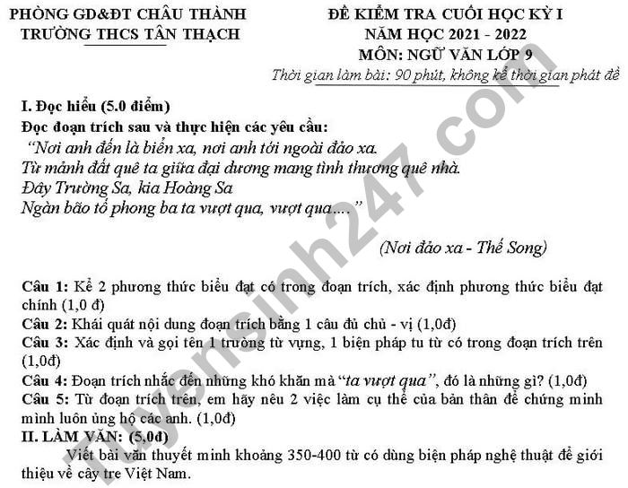 Đề thi cuối kì 1 năm 2021 lớp 9 môn Văn - THCS Tân Thạch
