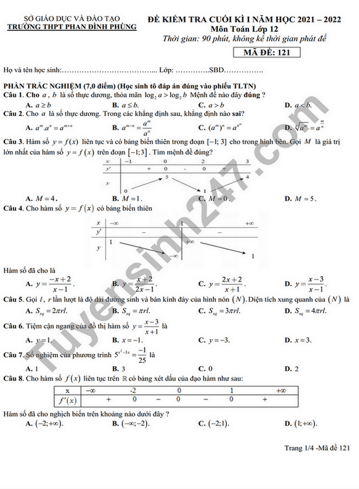 Đề thi học kì 1 năm 2021 THPT Phan Đình Phùng lớp 12 môn Toán 