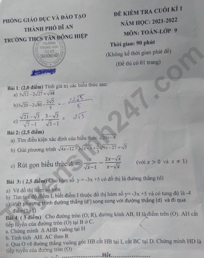 Đề thi cuối kì 1 lớp 9 THCS Tân Đông Hiệp năm 2021 môn Toán