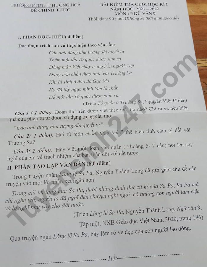 Đề thi học kì 1 môn Văn 9 năm 2021 PTDTNT Hướng Hóa 