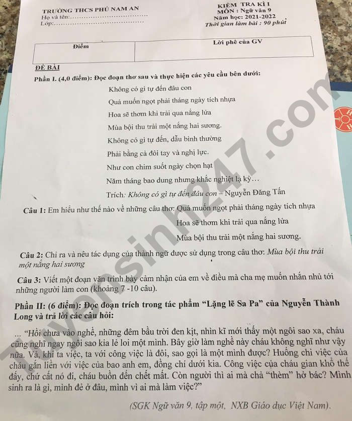 Đề kiểm tra học kì 1 2021 lớp 9 môn Văn THCS Phú Nam An