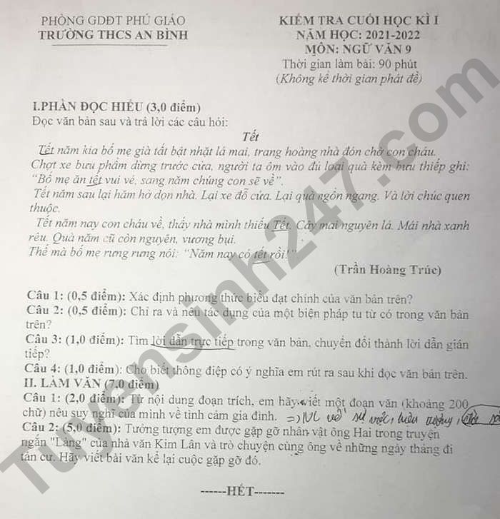 Đề thi học kì 1 lớp 9 môn Văn 2021 THCS An Bình