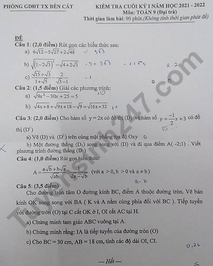 Đề thi học kì 1 lớp 9 môn Toán 2021 - Phòng GD TX Bến Cát