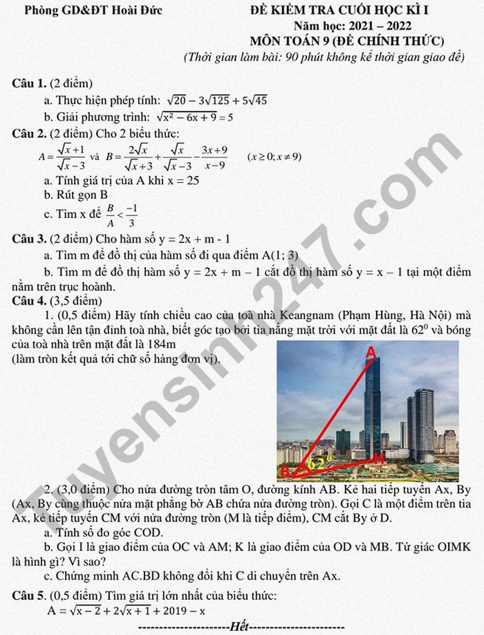 Đề thi kì 1 lớp 9 môn Toán 2021 - Phòng GD Hoài Đức