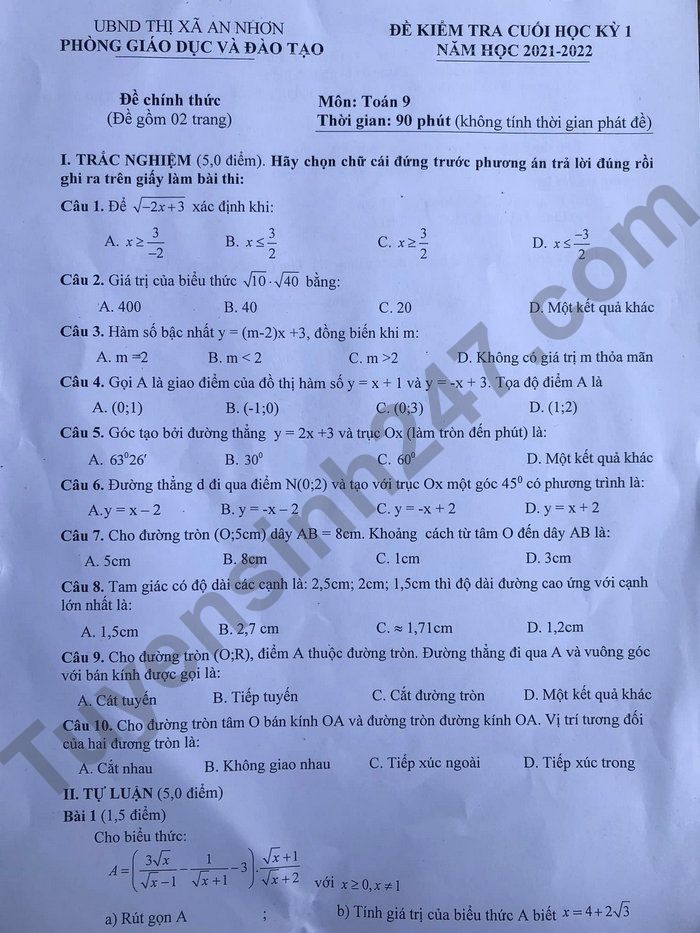 Đề thi kì 1 TX An Nhơn 2021 lớp 9 môn Toán