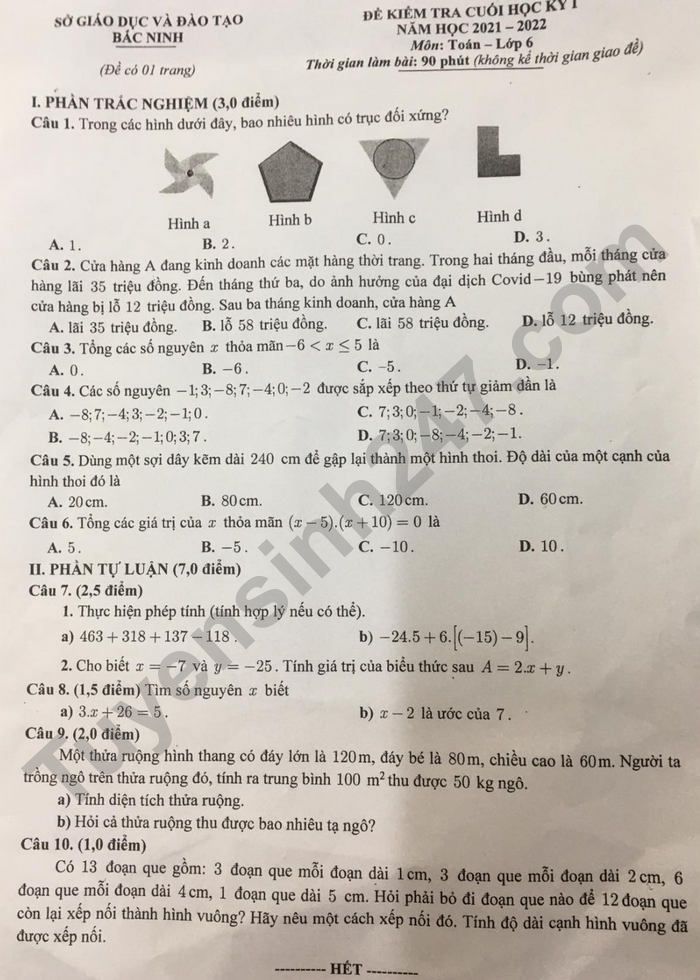 Đề thi học kì 1 năm 2021 lớp 6 môn Toán - Sở GD Bắc Ninh