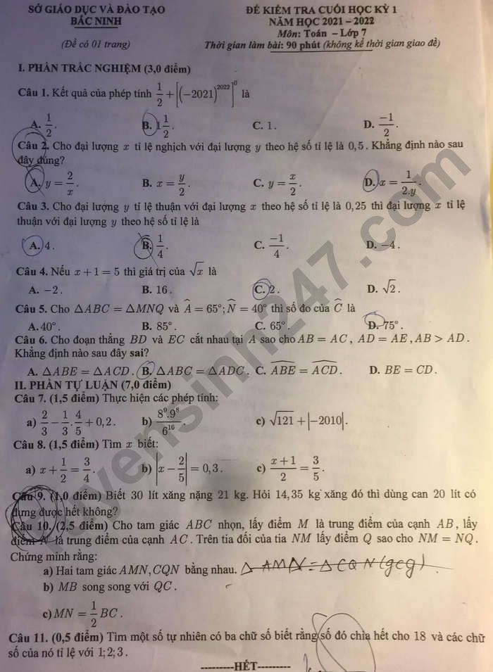 Đề thi kì 1 lớp 7 môn Toán 2021 - 2022 Sở GDĐT Bắc Ninh
