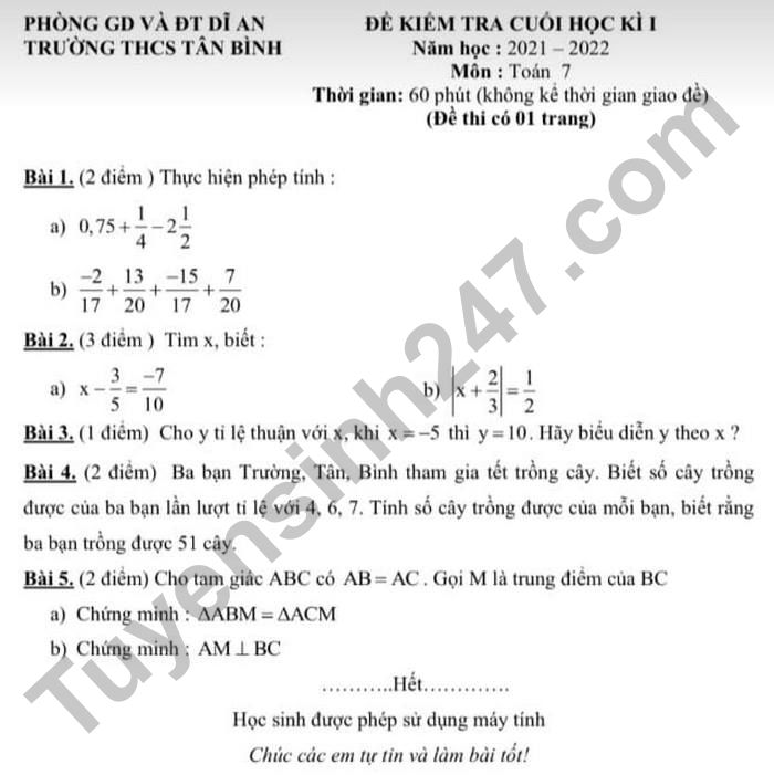 Đề thi học kì 1 lớp 7 môn Toán 2021 - THCS Tân Bình