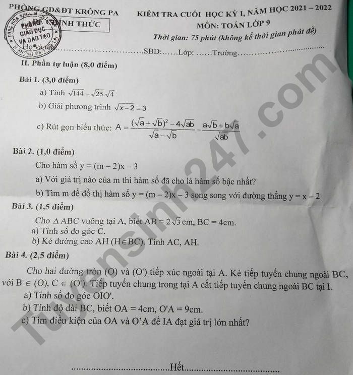 Đề thi môn Toán lớp 9 học kì 1 năm 2021 Phòng GD Krông Pa