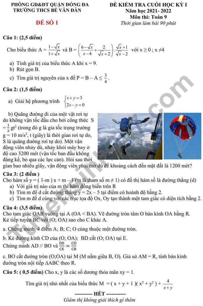 Đề thi kì 1 năm 2021 - 2022 môn Toán 9 - THCS Bế Văn Đàn