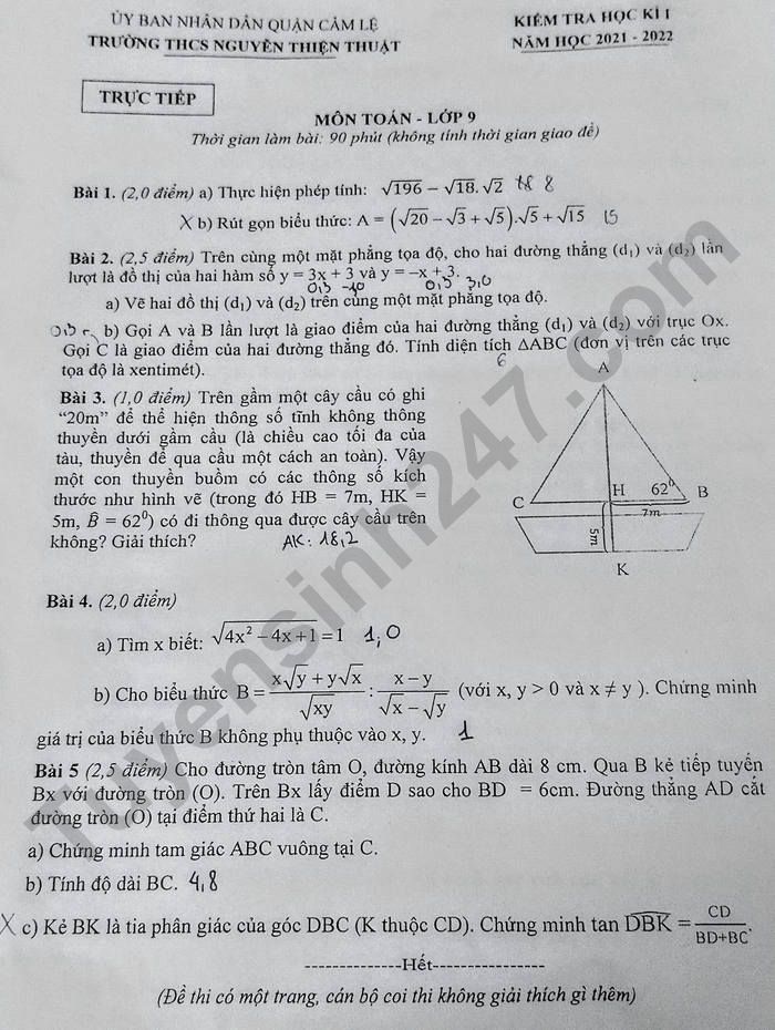 Đề thi kì 1 năm 2021 môn Toán 9 THCS Nguyễn Thiện Thuật