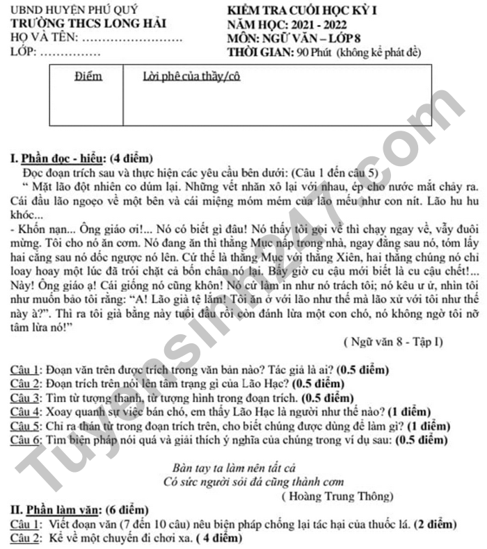 Đề thi học kì 1 môn Văn lớp 8 THCS Long Hải 2021
