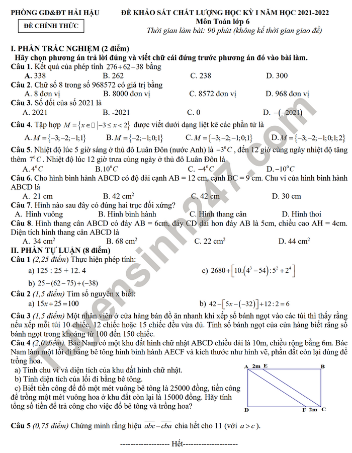 Đề thi học kì 1 Phòng GD Hải Hậu 2021 môn Toán 6 