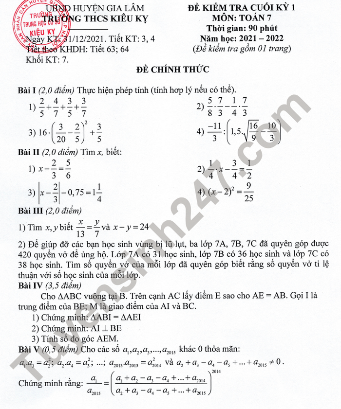Đề thi học kì 1 năm 2021 môn Toán 7 THCS Kiêu Kỵ 