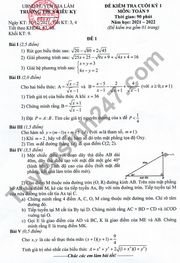 Đề thi học kì 1 năm 2021 THCS Kiêu Kỵ môn Toán 9 