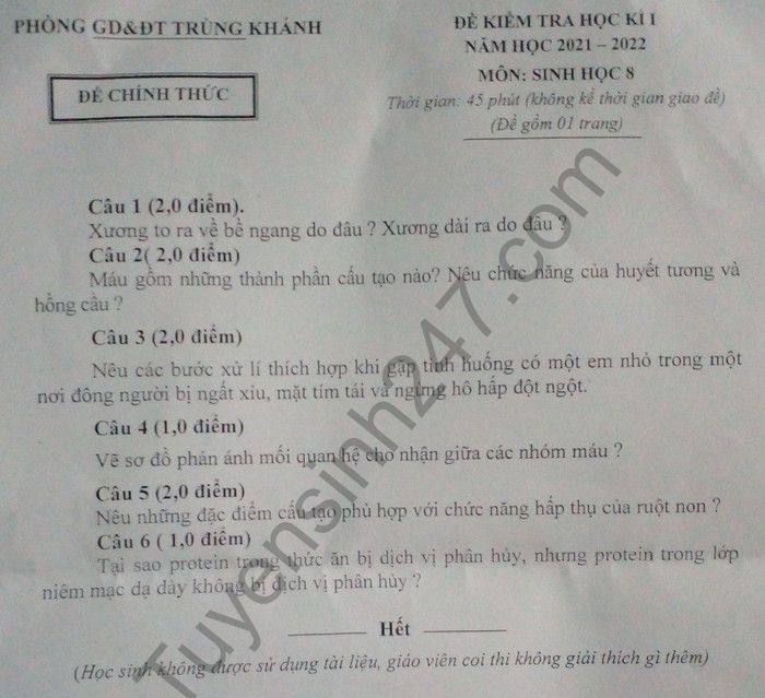 Đề thi học kì 1 2021 môn Sinh 8 huyện Trùng Khánh 