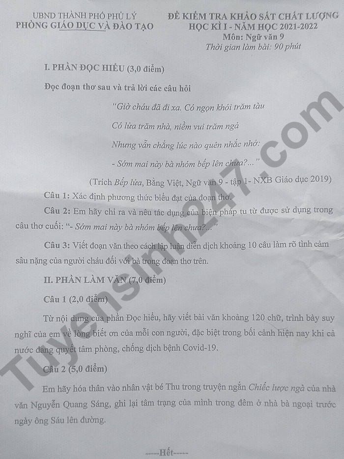 Đề thi kì 1 TP Phủ Lý năm 2021 lớp 9 môn Văn