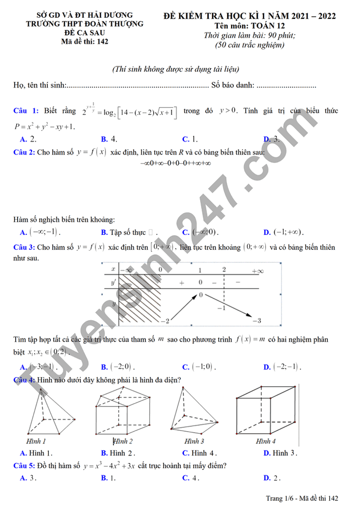 Đề thi kì 1 môn Toán 2021 lớp 12 - THPT Đoàn Thượng