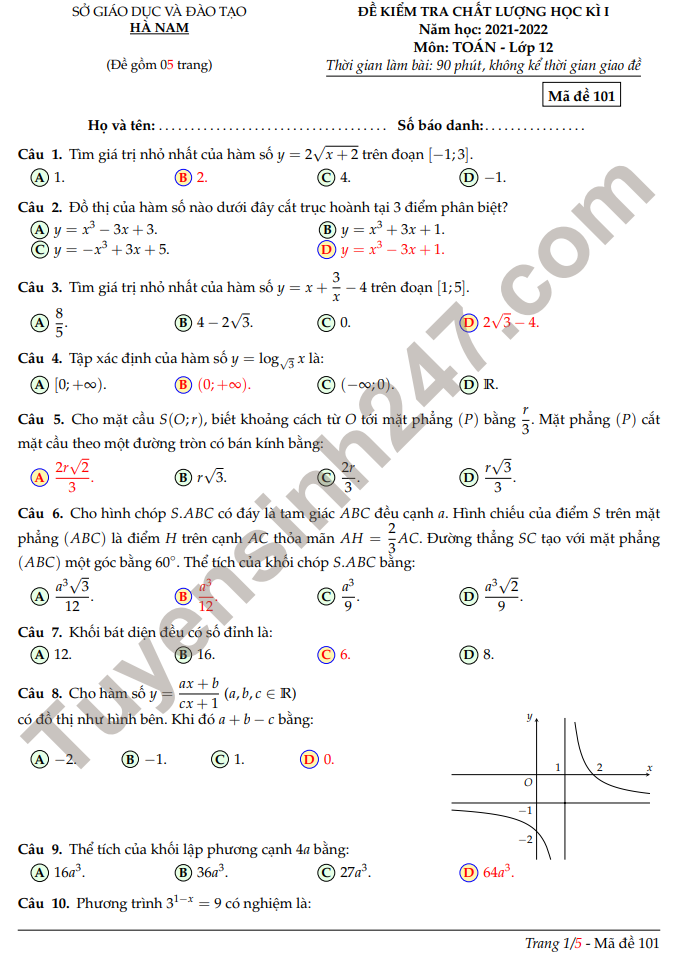 Đề thi học kì 1 lớp 12 môn Toán 2021 tỉnh Hà Nam