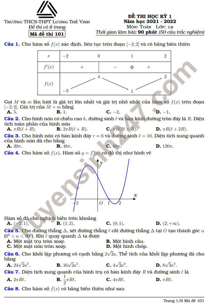 Đề thi kì 1 Toán 12 THCS&THPT Lương Thế Vinh năm 2021