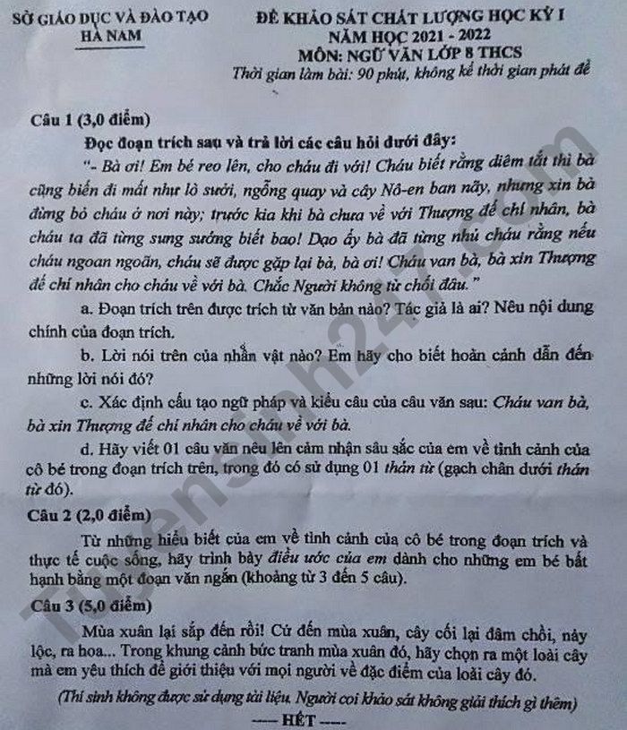 Đề thi cuối kì 1 môn Văn 8 Sở GD Hà Nam 2021