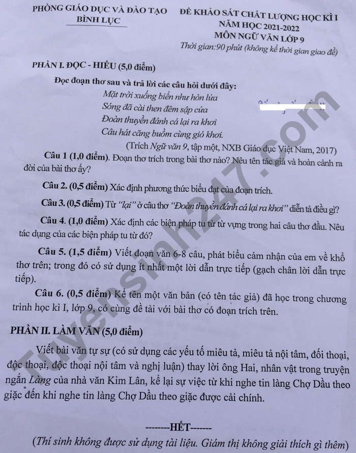 Đề thi cuối kì 1 Văn lớp 9 Phòng GD Bình Lục 2021