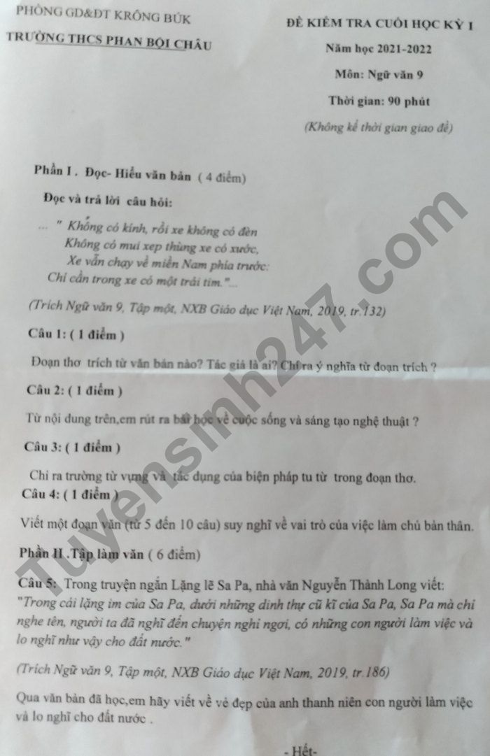 Đề thi kì 1 lớp 9 môn Văn - THCS Phan Bội Châu 2021