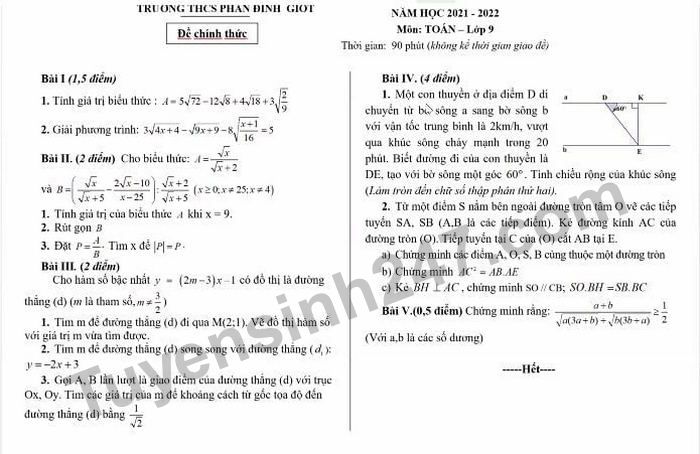 Đề thi học kì 1 THCS Phan Đình Giót môn Toán 9 năm 2021