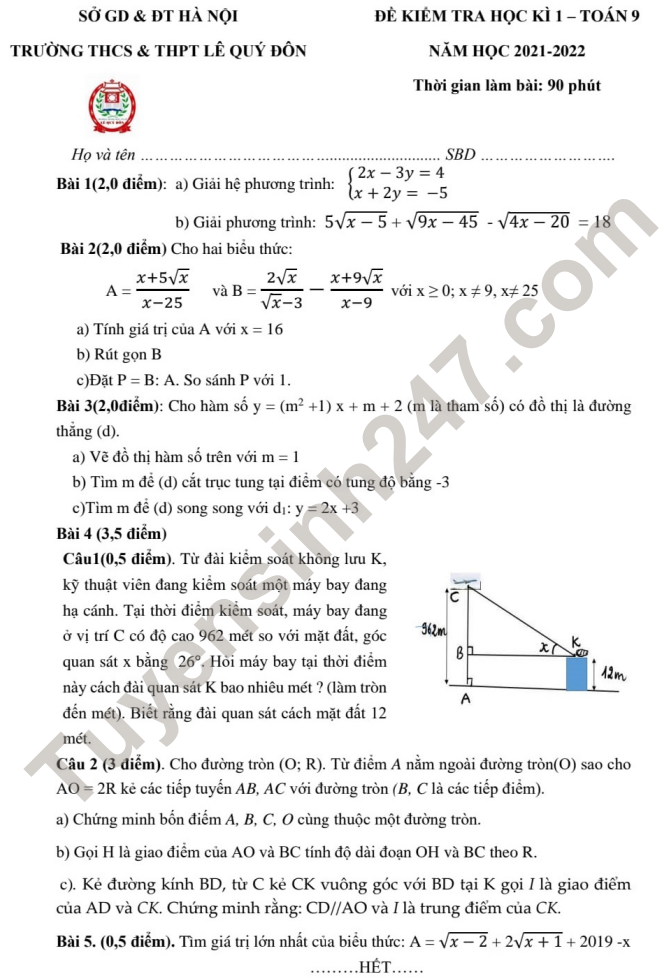 Đề thi cuối kì 1 năm 2021 THCS&THPT Lê Quý Đôn - lớp 9 môn Toán