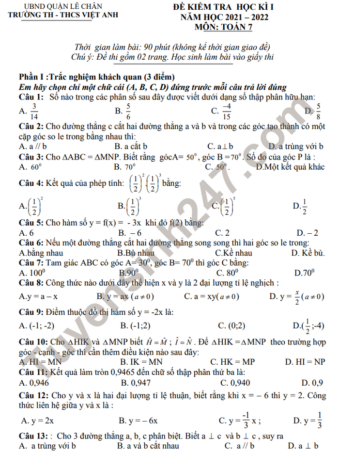 Đề thi kì 1 lớp 7 môn Toán 2021 - TH THCS Việt Anh