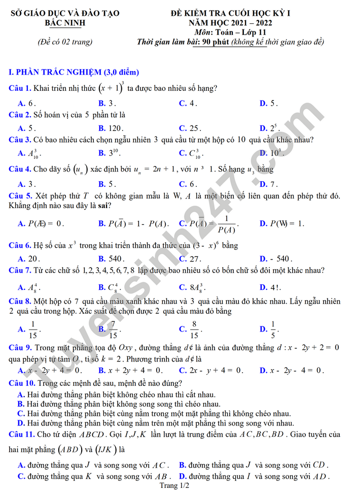 Đề thi cuối kì 1 môn Toán 11 năm 2021 Sở GD Bắc Ninh 