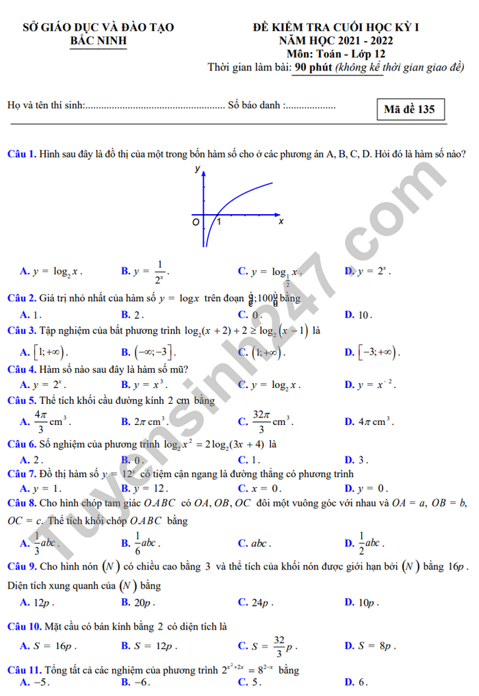 Đề thi cuối kì 1 môn Toán 12 năm 2021 Sở GD Bắc Ninh 