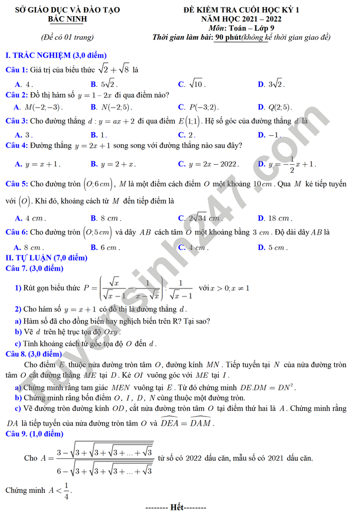 Đề thi học kì 1 Sở GD Bắc Ninh lớp 9 môn Toán năm 2021 