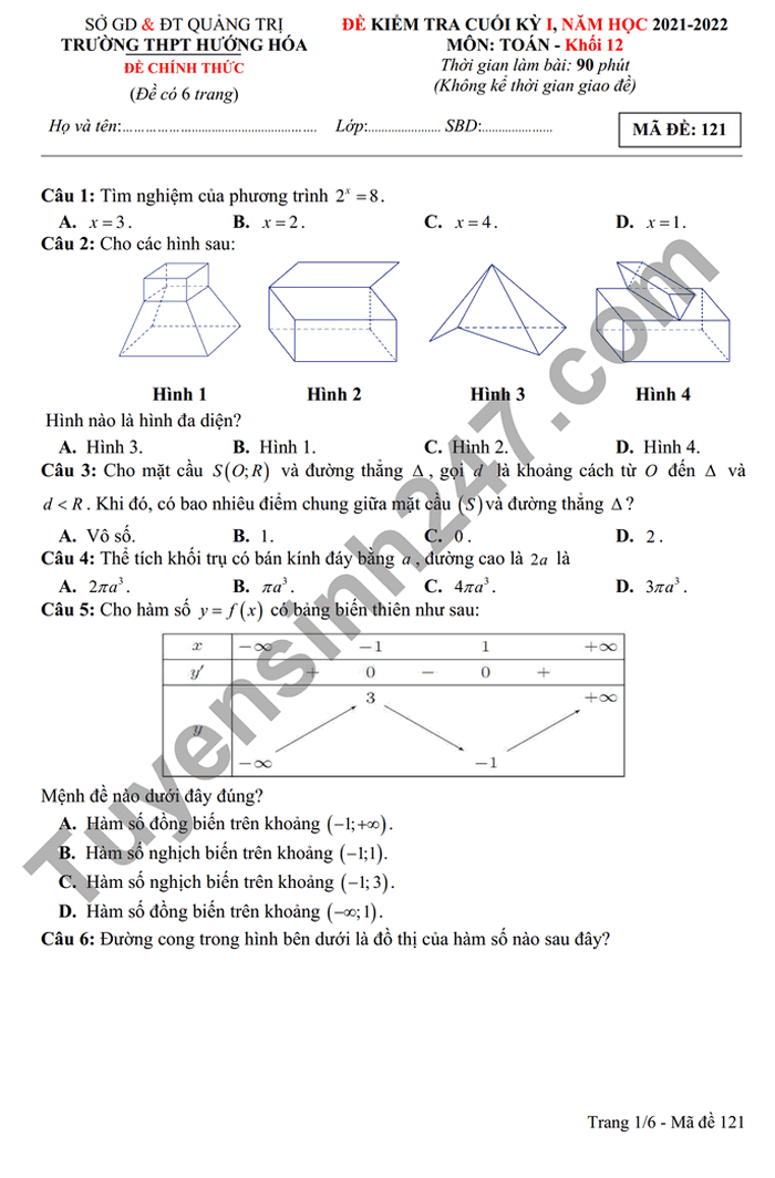 Đề thi kì 1 THPT Hướng Hóa 2021 môn Toán lớp 12