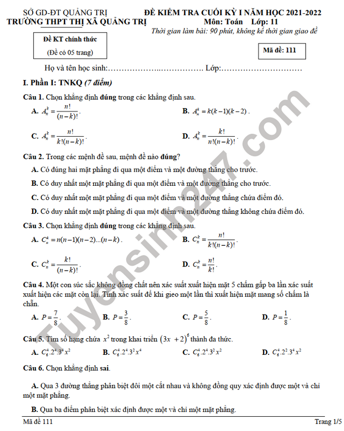 Đề thi học kì 1 năm 2021 môn Toán 11 THPT TX Quảng Trị 