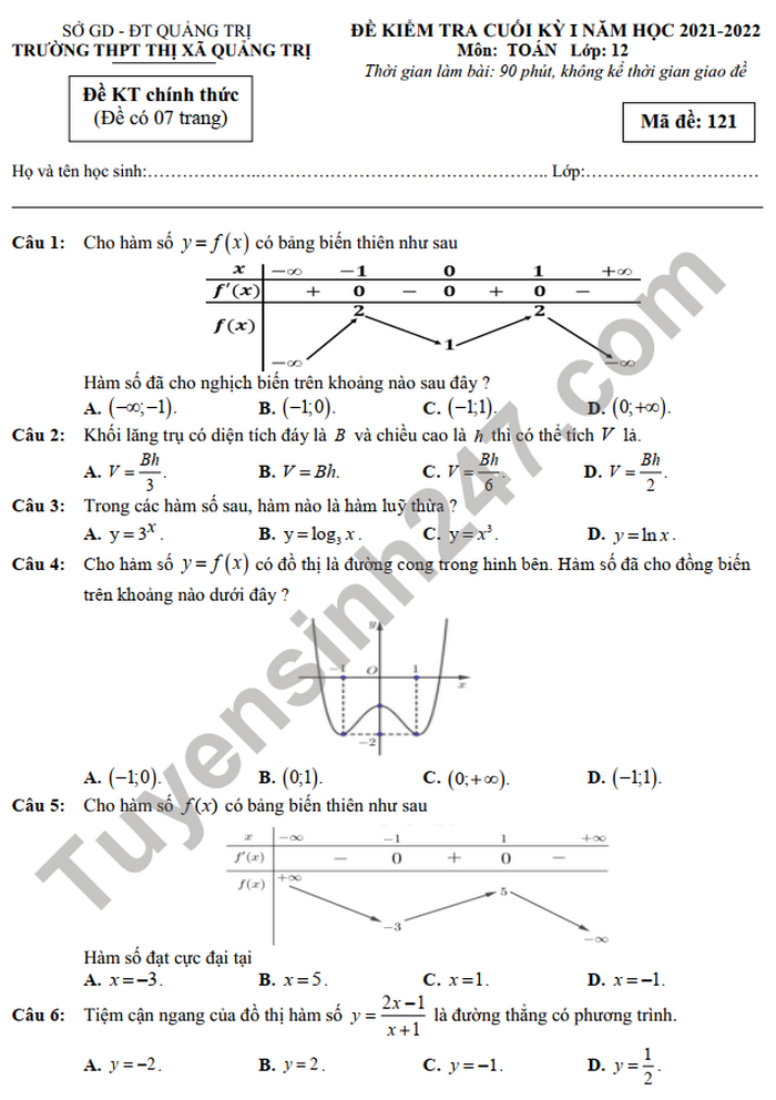 Đề thi học kì 1 THPT TX Quảng Trị môn Toán 12 năm 2021